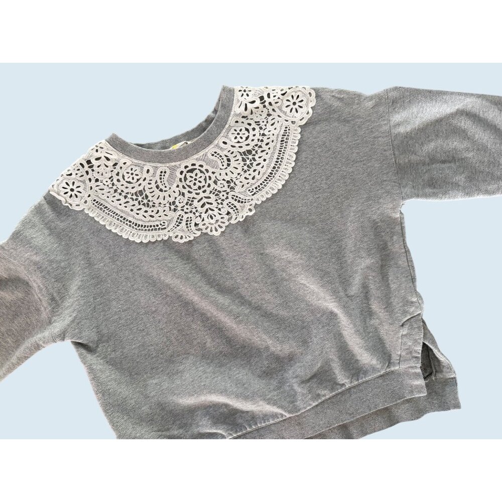BODEN Grey Oversized Lace Collar Overlay Cottage Preppy Sweatshirt Sz XS - Picture 3 of 8